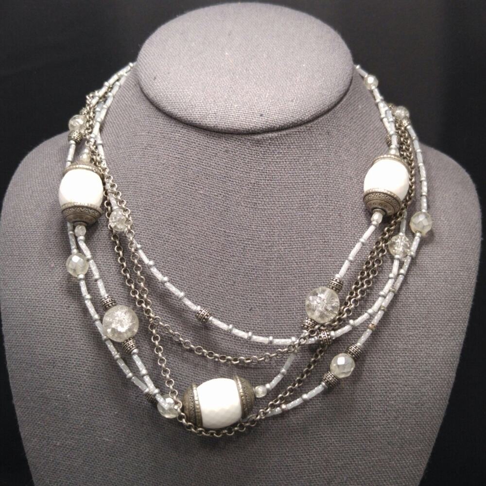 Chico's Women's Multistrand White Beaded Necklace, Silver Tone, 20 Inches
